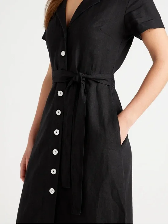 Quince 100% Linen Black Shirt Dress XL | Button Front Tie Waist 25253 - Picture 4 of 16